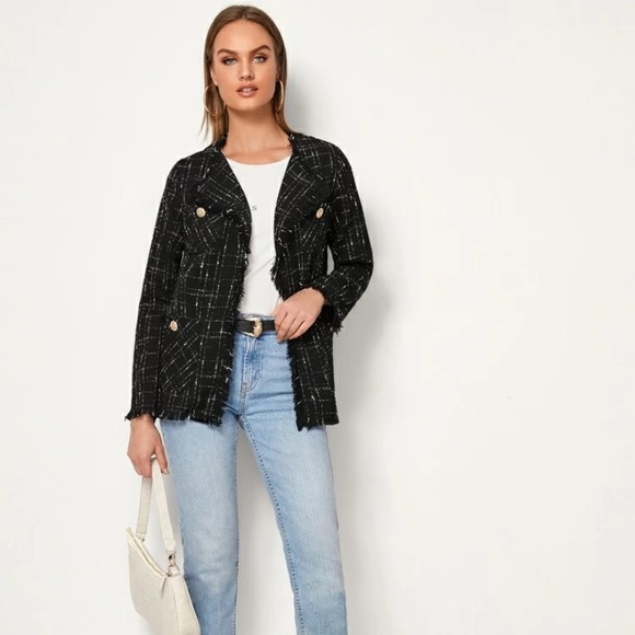 NWOT Button detail Plaid Fringe Edge Tweet Jacket - Picture 6 of 11